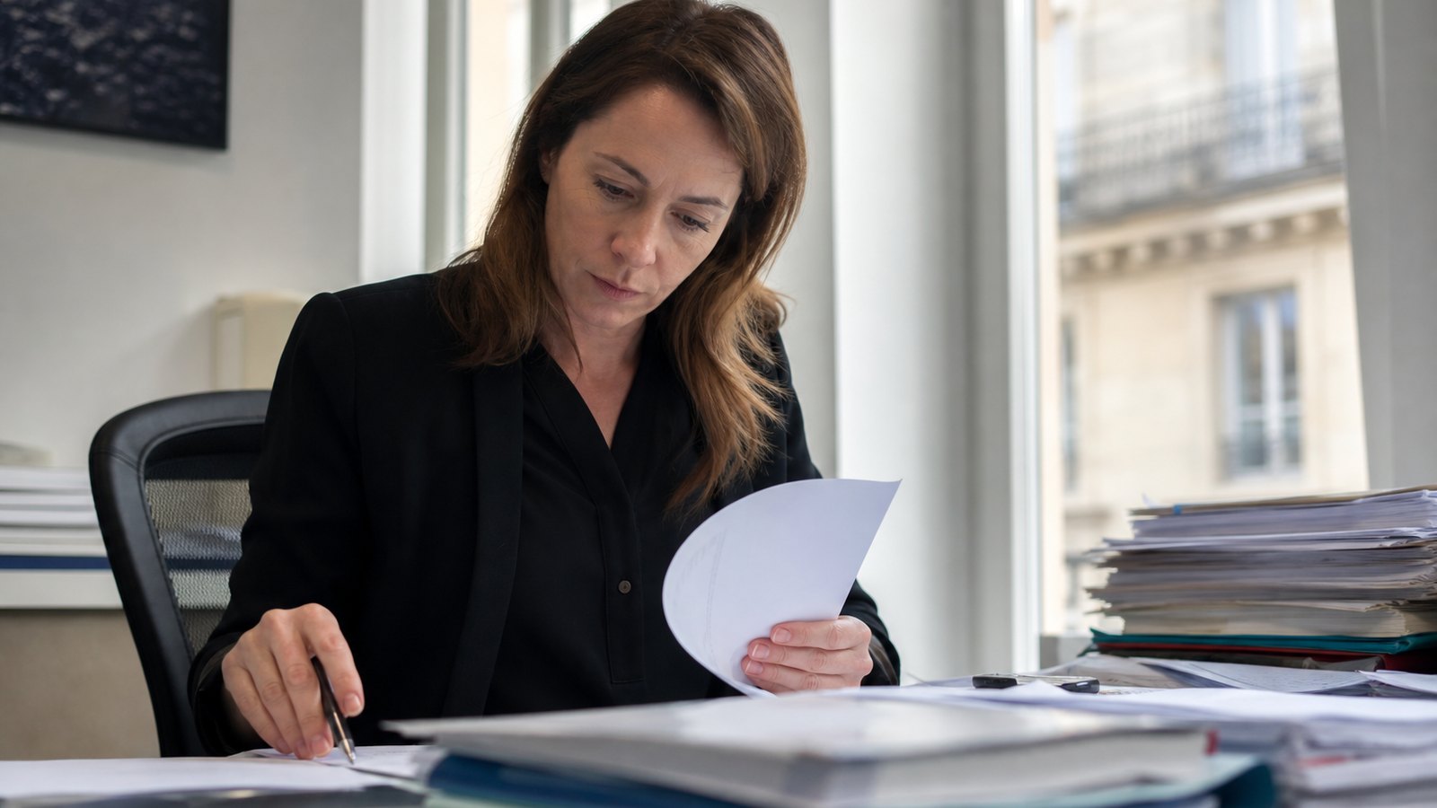Auditeur examinant des documents de conformité dans un bureau